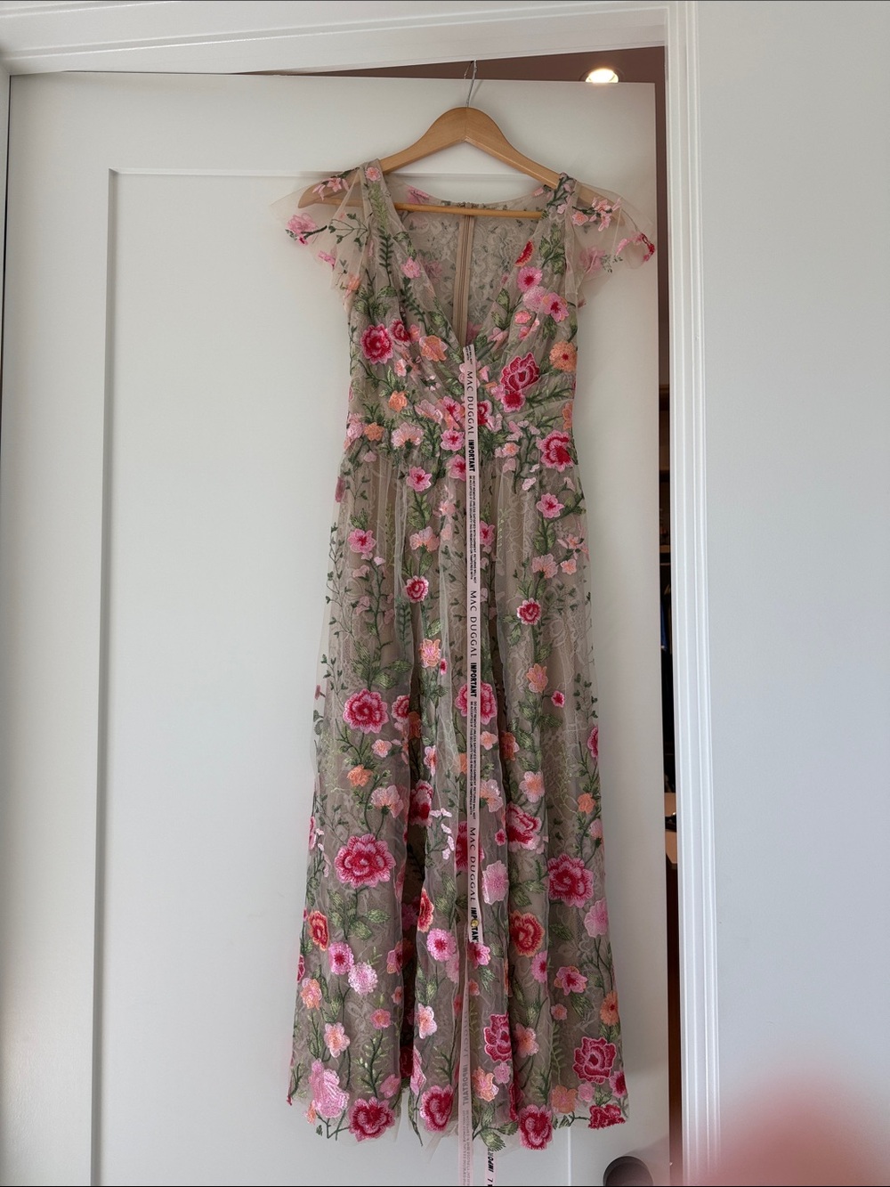 Mac Duggal Olive Maxi Dress with Pink Floral Embroidery - never worn brand new